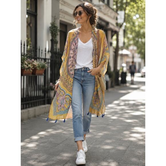 Woven Heart Sweaters - Woven Heart Yellow Boho Printed Kimono Cardigan with Tassels